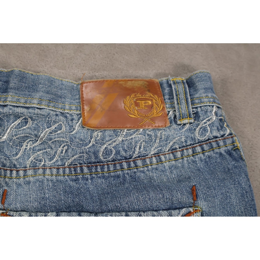 Y2K PHAT CLASSIC ORIGINAL Shorts Mens 38 Blue Denim Bermuda Embroidered Baggy - Picture 5 of 9